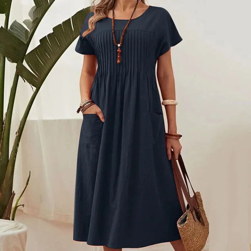 Women's casual midi dress relaxed A-line silhouette breathable pleats with pockets all-day comfort