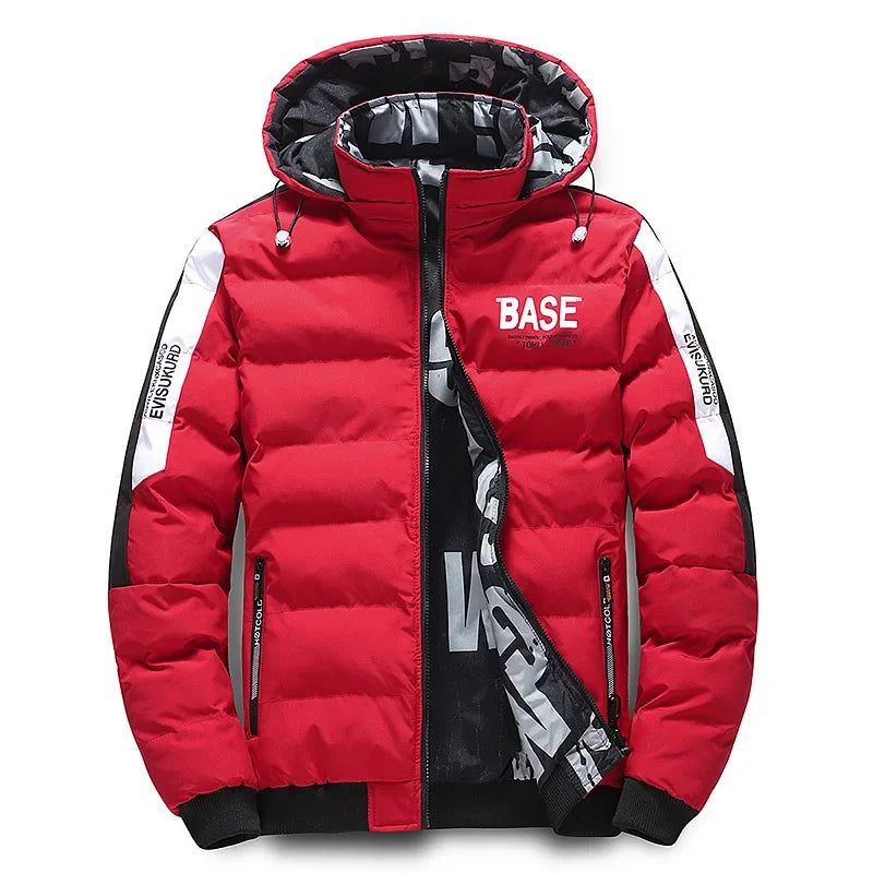 Men's black padded jacket water-resistant shell rugged urban style with bold detailing