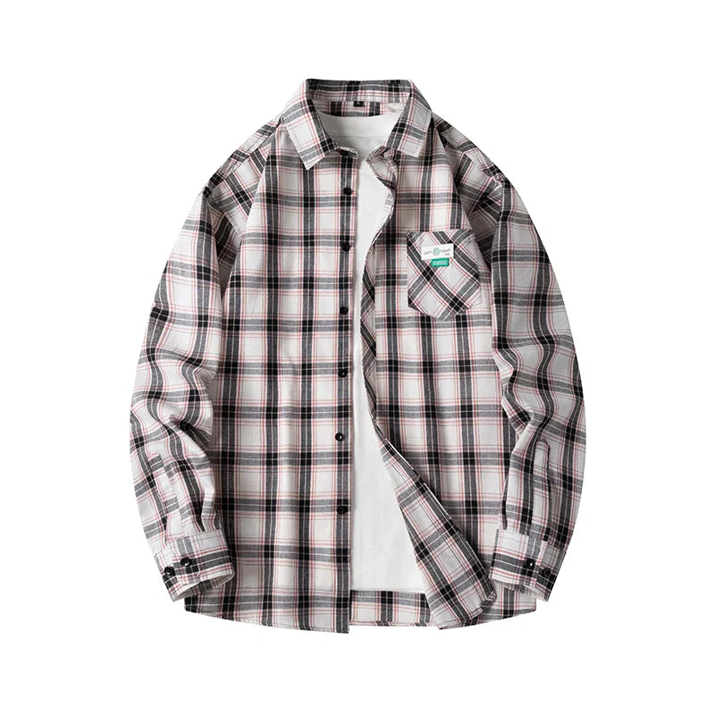 Men's oversized plaid flannel shirt in classic fall colors, soft cotton blend with stretch