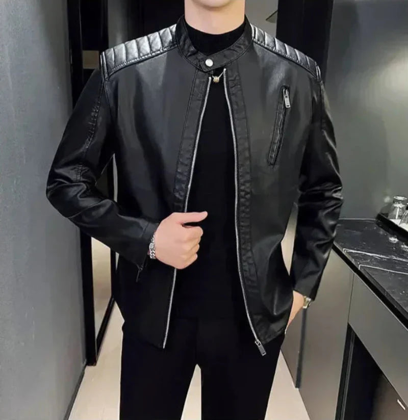Men's slim fit black PU leather jacket with zippered pockets and urban edge