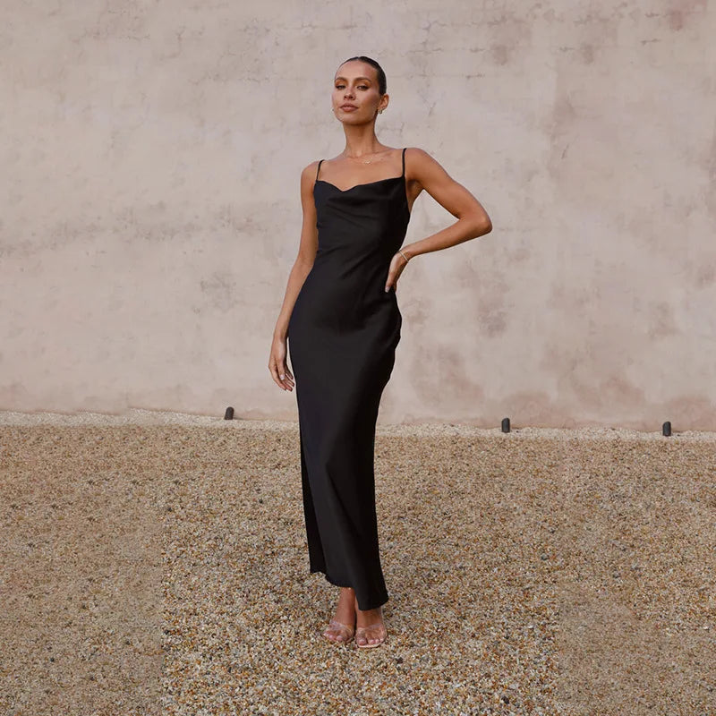 Leonie long satin gown in luxurious shine, flowing silhouette, elegant formal dress for weddings