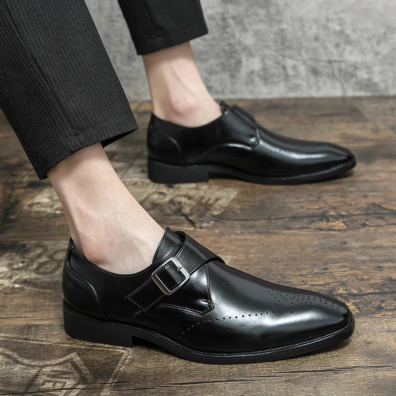 Men's brown polished Italian leather loafers classic slip-on style with durable outsole