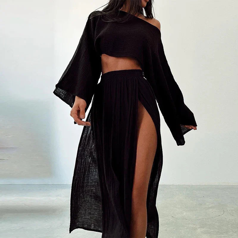 Women's linen two-piece crop top and slit skirt set, relaxed summer fit with natural texture