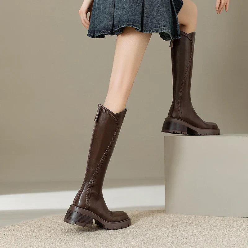 Hazel women's knee-high brown premium leather orthopedic boots with elongating silhouette