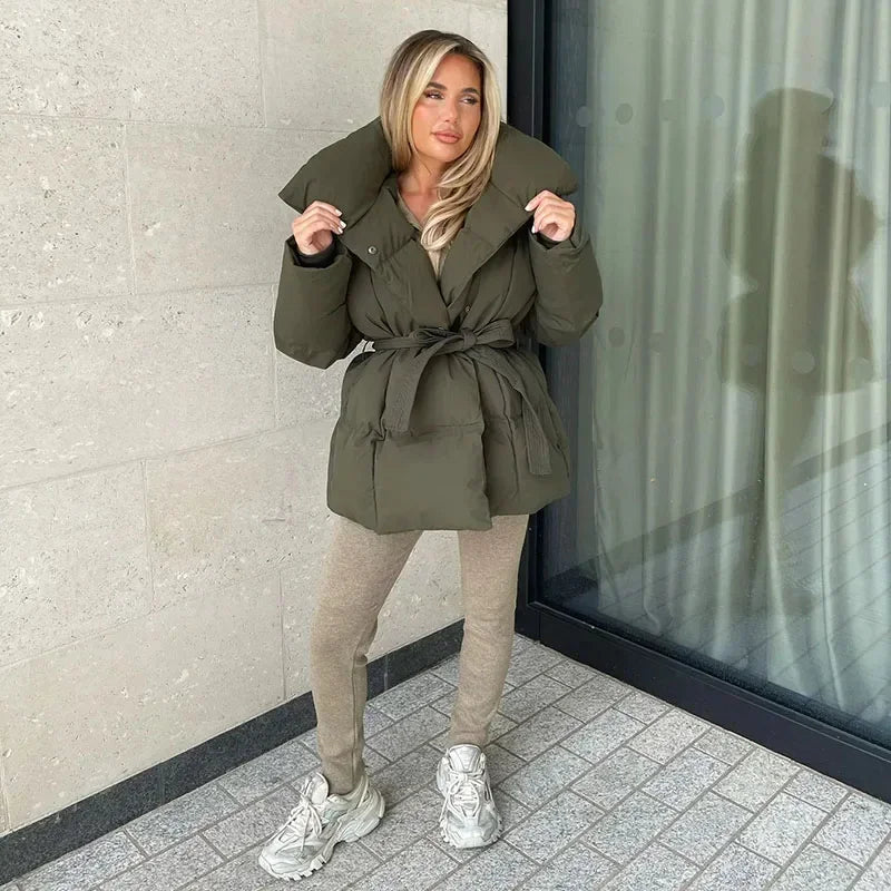 Women's short fitted jacket stand collar belted waist chic lightweight winter warmth silhouette