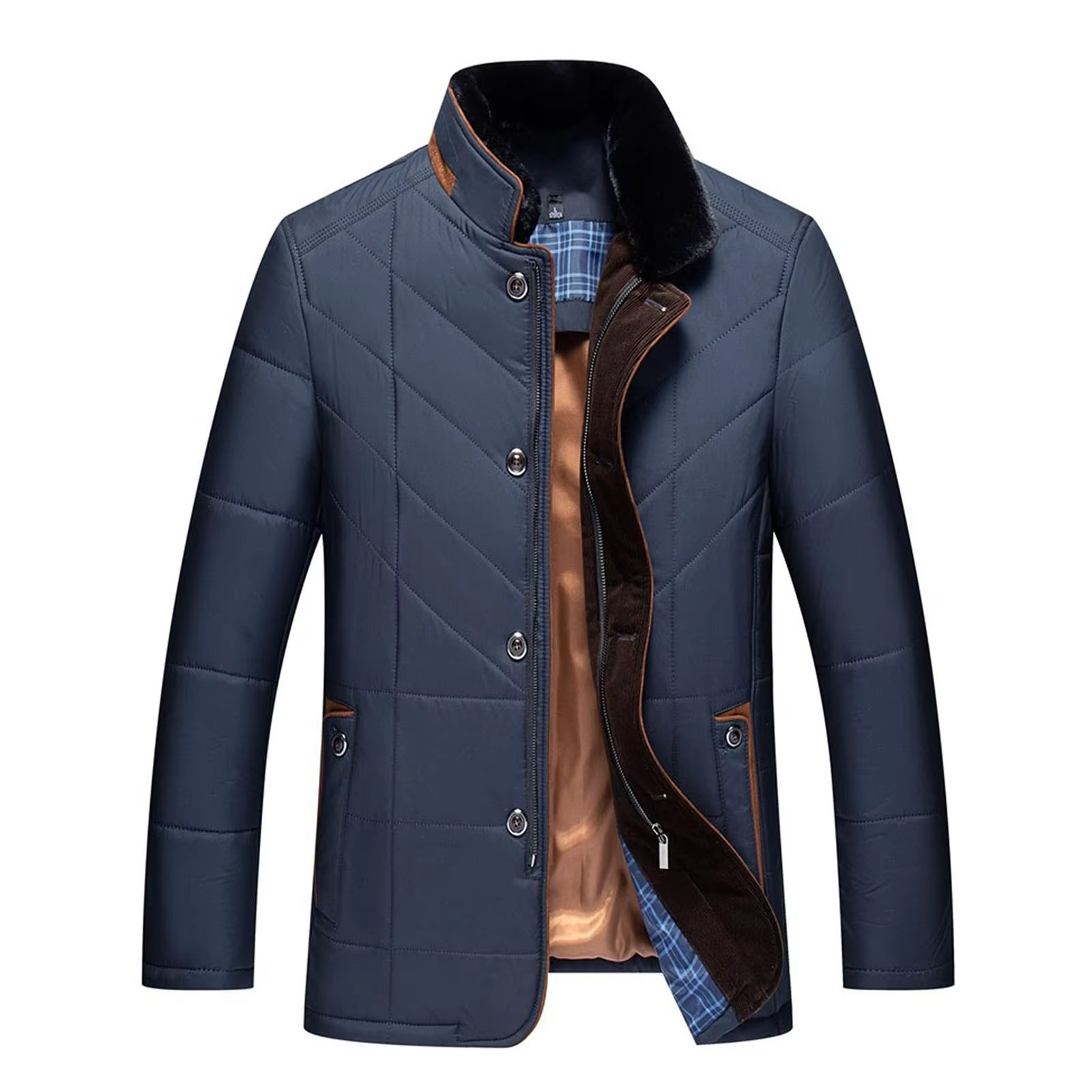 Men's black thermal fleece winter jacket thick cotton padding insulated cold weather coat