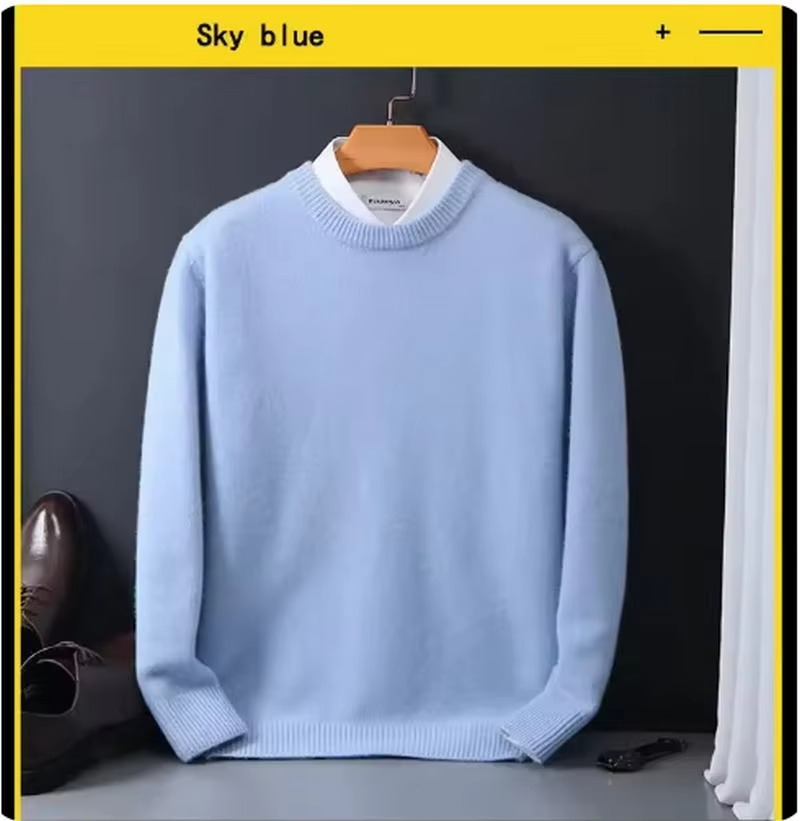Men's camel cashmere O-neck pullover sweater, fine-gauge knit with soft lightweight warmth