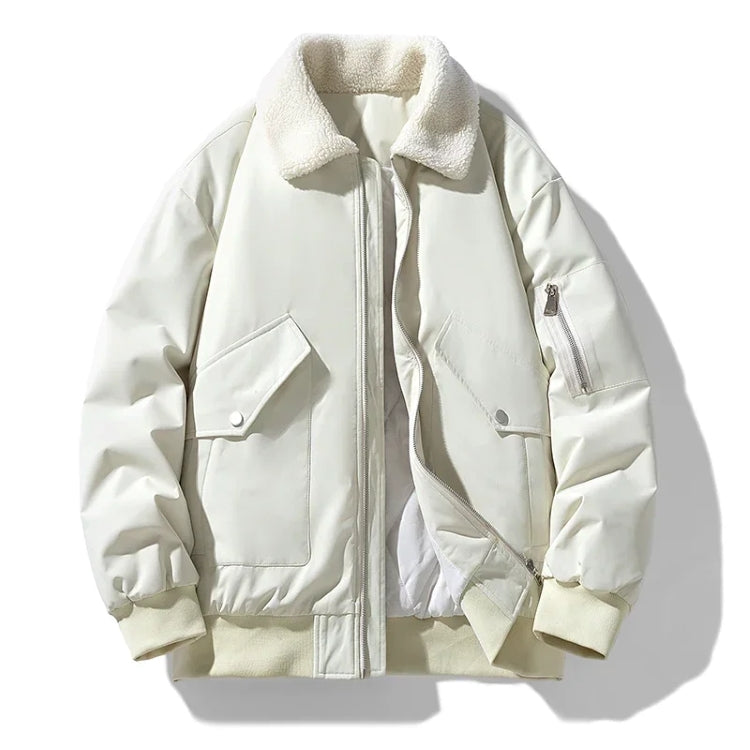 Unisex sherpa-lined flight jacket black quilted bomber with white faux fur collar and cargo pockets