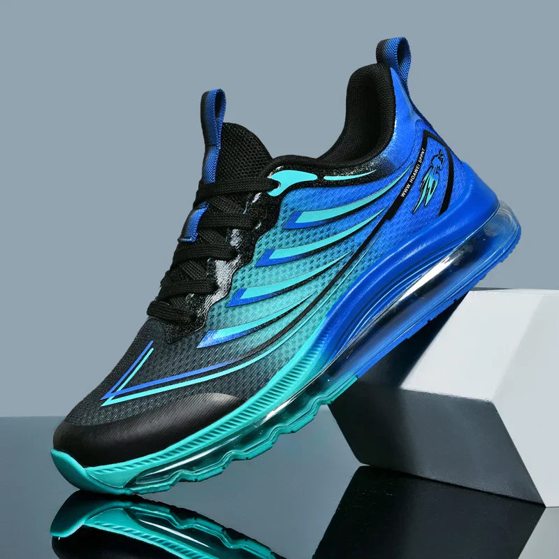 Men's white gradient mesh air cushioned sneakers with wide stable base and breathable upper