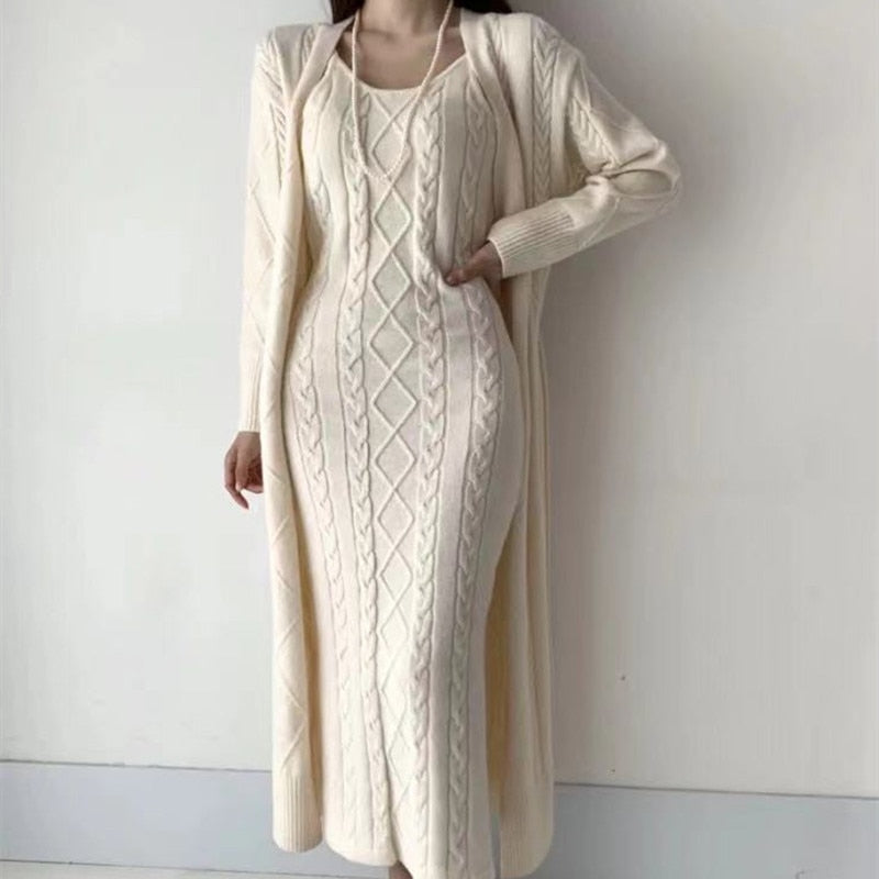 Women's cable knit maxi dress set with cardigan, sleeveless slim silhouette, casual elegant style