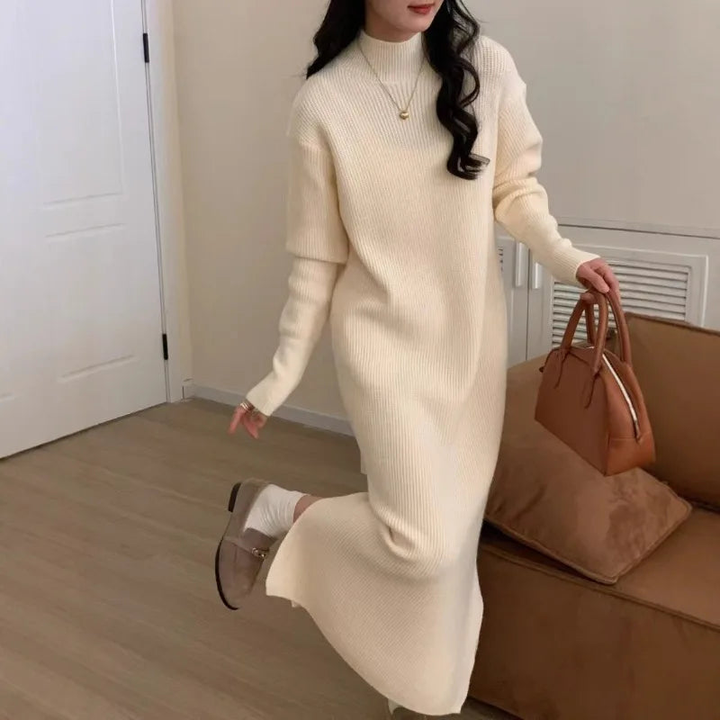 Women's cozy knit midi sweater dress relaxed fit with side slits, warm acrylic fall winter style