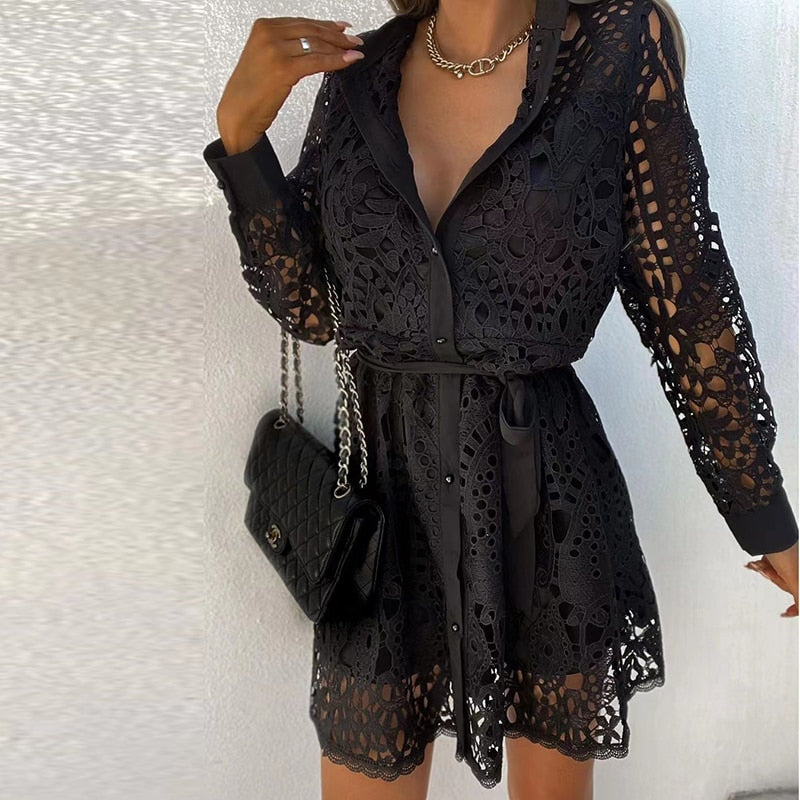 Bella | Women's Lace Mini Dress Long Sleeve V-Neck Belted