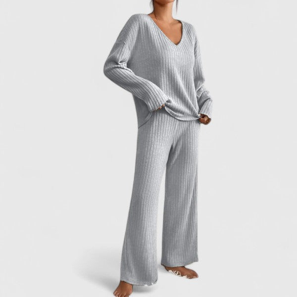 Women's relaxed fit knit pajama set in soft tones, cozy coordinated sleepwear with clean silhouette