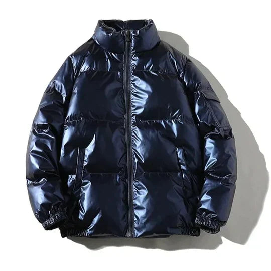 Men's black windproof puffer jacket with multi-layer insulation and weatherproof rain shield design
