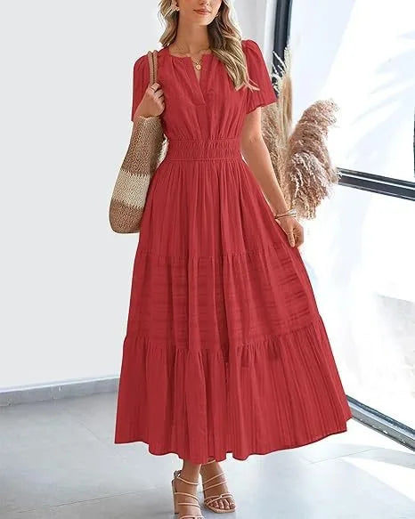 Nevaeh women's modest maxi dress, breathable floor-length silhouette with V-slit neckline and short sleeves