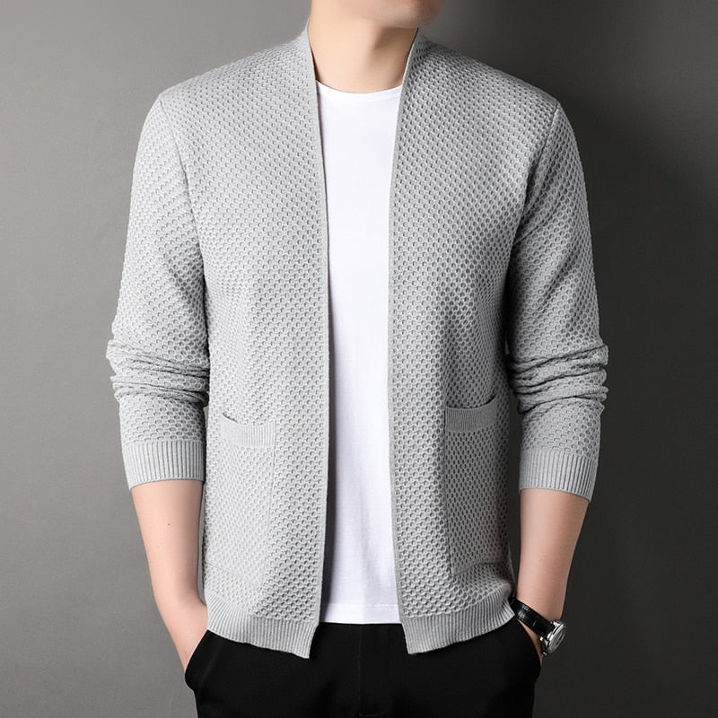 Men's slim fit knitted cardigan with pockets, textured fabric, versatile everyday layering piece