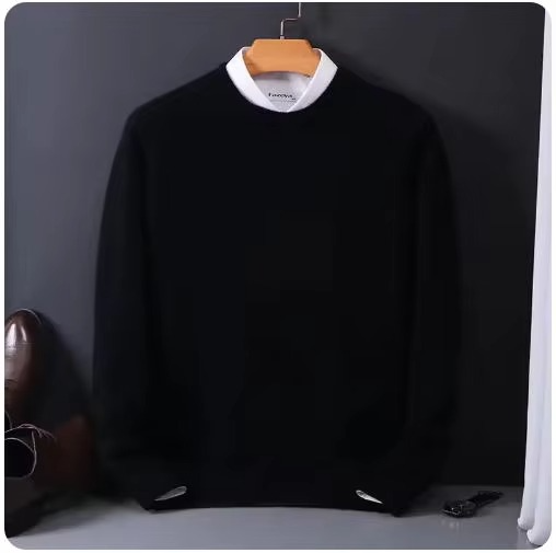 Men's beige cashmere O-neck pullover sweater, fine-gauge knit with soft refined comfort