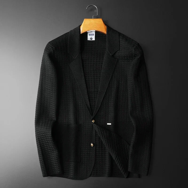 Navy tailored fit men's blazer structured silhouette defined shoulders sustainable luxury professional wear