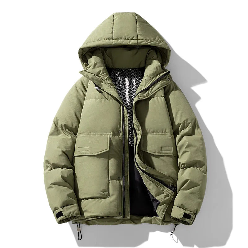 Men's waterproof hooded winter jacket, windproof navy blue slim fit outerwear with warm lining
