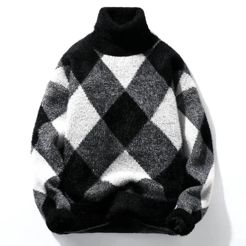 Cream oversized argyle turtleneck knit sweater with bold diamond pattern and cozy relaxed fit