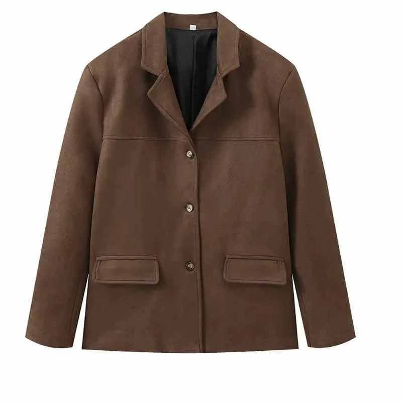 Women's vintage suede blazer soft lapel single-breasted structured jacket versatile fall layer