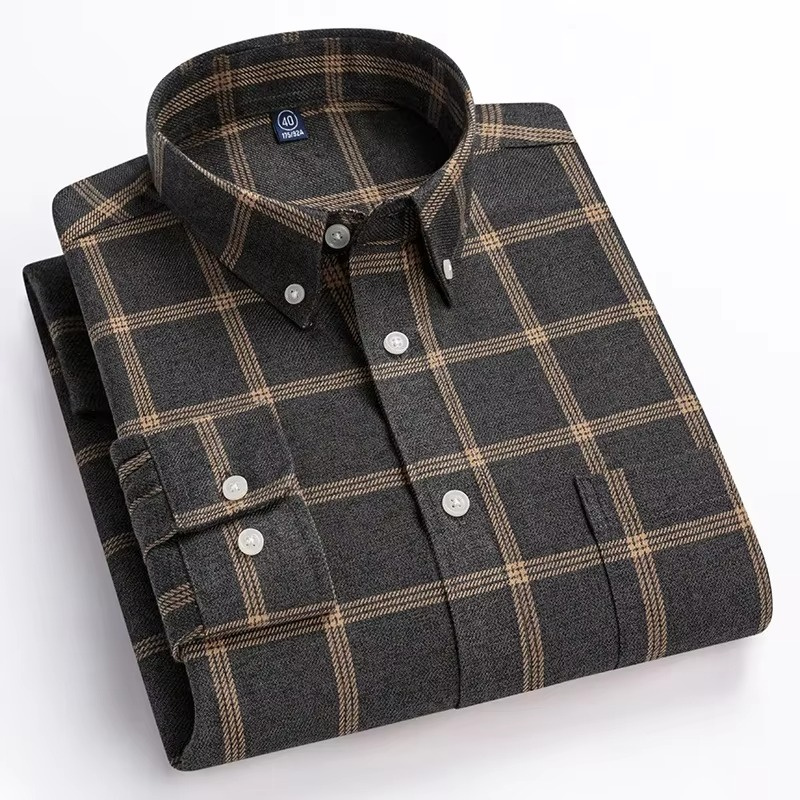 Men's plus size plaid long sleeve shirt in 7XL relaxed fit with chest pocket, 100% cotton comfort