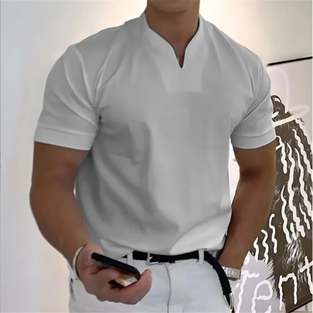 Men's white V-neck athletic cotton tee casual loose fit breathable summer short sleeve comfort shirt