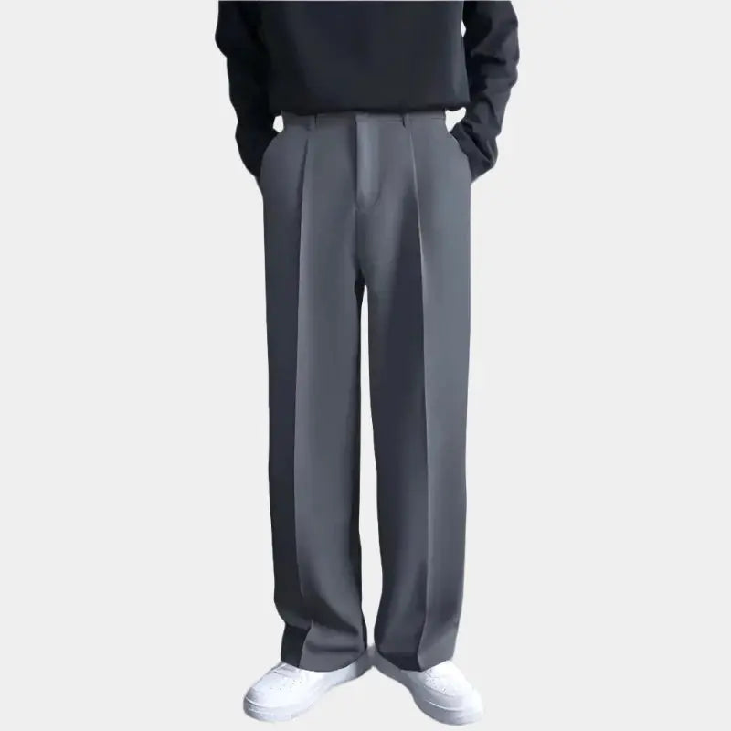 Men's wide-fit pleated front trousers breathable full-length cotton pants relaxed straight silhouette