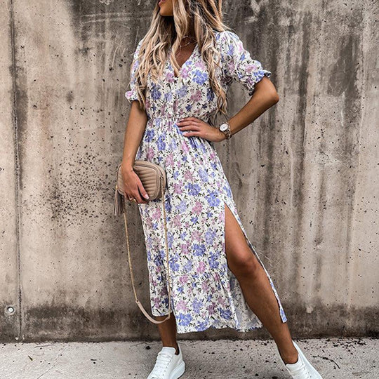 Poppy | Women's Floral Midi Dress V-Neck Smocked Waist Side Split