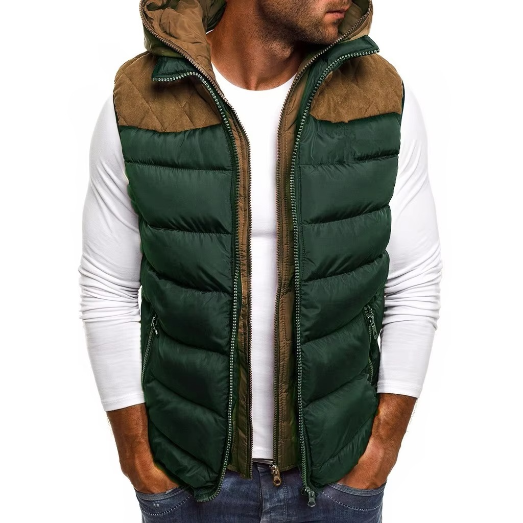Men's black hooded sleeveless quilted puffer vest with embroidery zip-up lightweight warm layer