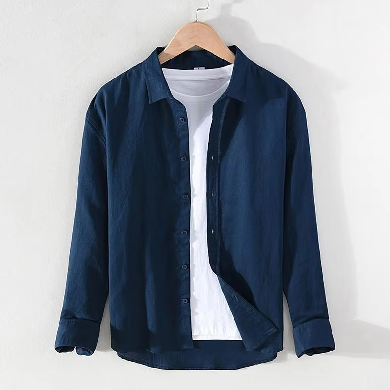 Men's vintage linen stand collar long sleeve shirt, breathable button-up in a clean modern silhouette
