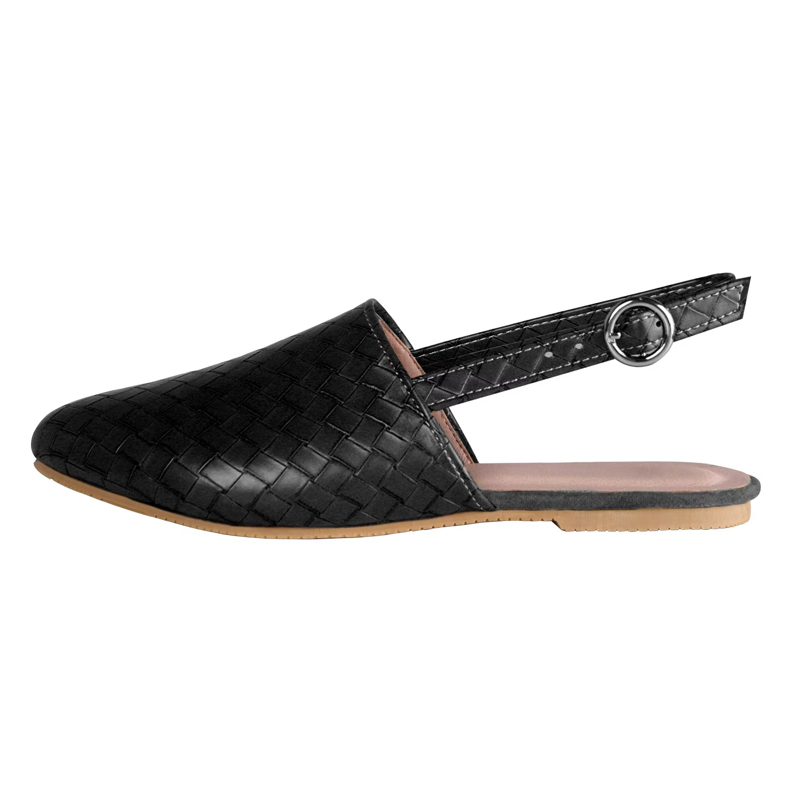 Women's pointed toe flat mule sandals with adjustable buckle strap, breathable slip-on summer style
