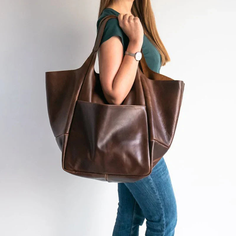 Urbann-Vibe Arlo Rove women's oversized black leather carryall tote bag with deep side pockets