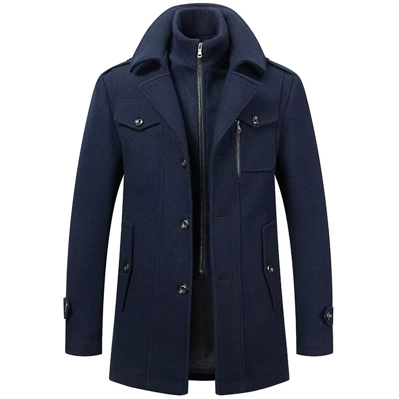 Men premium mid-length wool trench coat double collar zipper overcoat fall winter warm structured fit