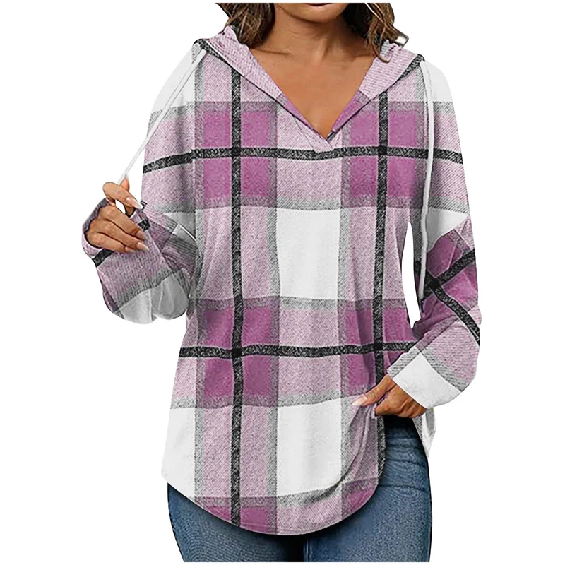 Ruby oversized V-neck hoodie women grid pattern cotton poly blend cozy casual cool-weather layering
