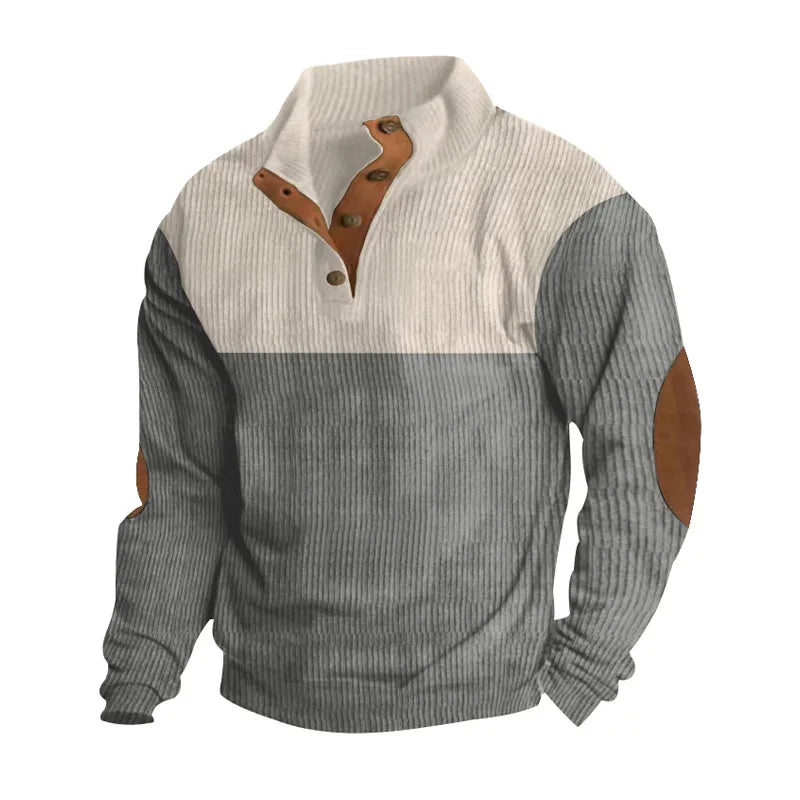 Two-tone button-up men's knit sweater with elbow patches, contrasting panels, modern slim fit