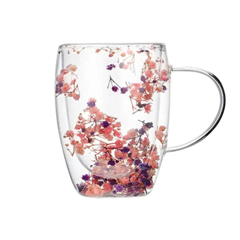 TrendAura double wall glass coffee mug 350ml dried petal floral design insulated clear borosilicate