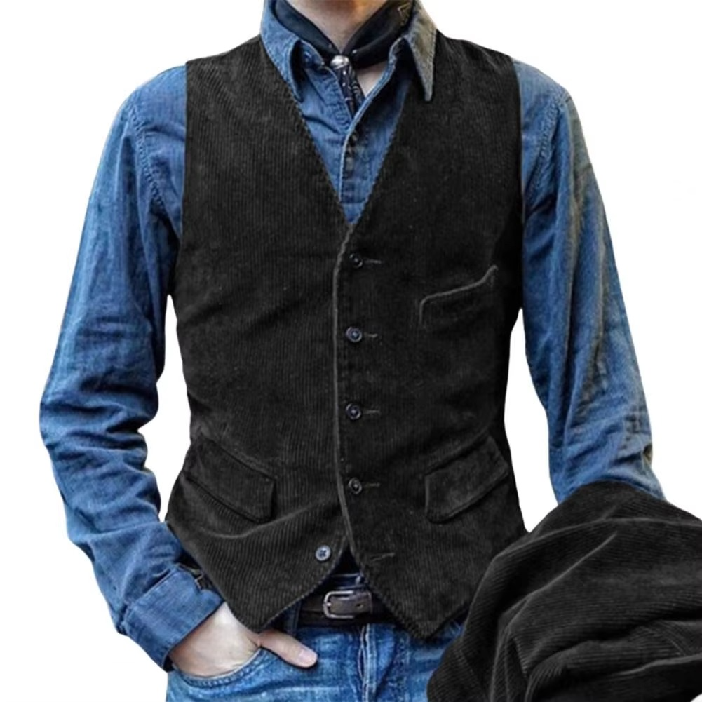 Olive herringbone tweed slim fit vest with V-neck, tailored waistcoat for men's formal wear