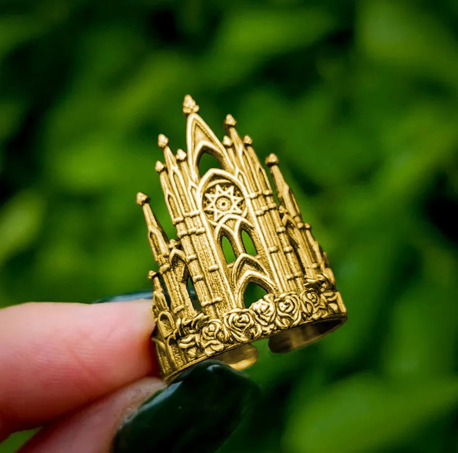 Arcana Cathedral Gothic Ring antique silver filigree with intricate spire-inspired architectural design
