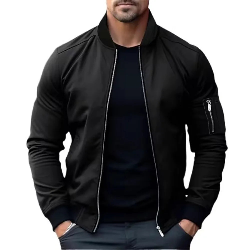 Men's black windproof bomber jacket with modern tapered fit and zipper closure