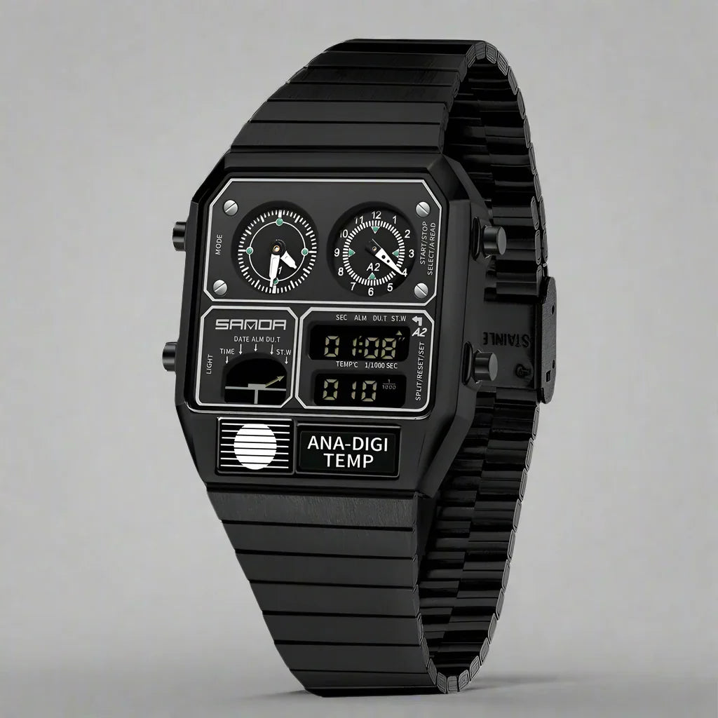 Ferrox stainless steel watch with glow display and real-time temperature tracking for everyday wear