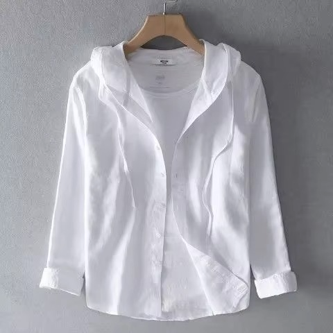Men's relaxed fit hooded cotton linen shirt lightweight breathable casual summer long sleeve