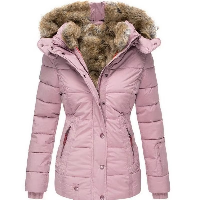 Women's slim-fit wool-cotton padded hooded parka jacket, windproof luxury warmth for city style
