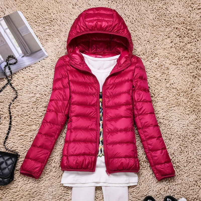 Women's quilted down jacket tailored fit hip-length hooded lightweight warm coat