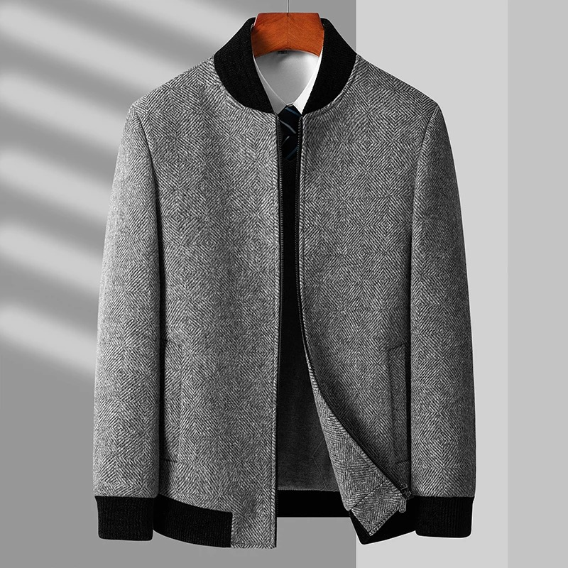 Men's wool blend tailored jacket in neutral tone, polished office-ready silhouette with structured fit
