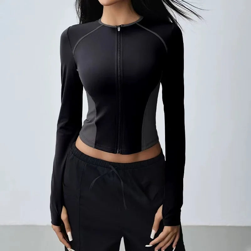 Women's zip-up yoga top breathable stretch fabric second-skin fit with contoured contrast paneling