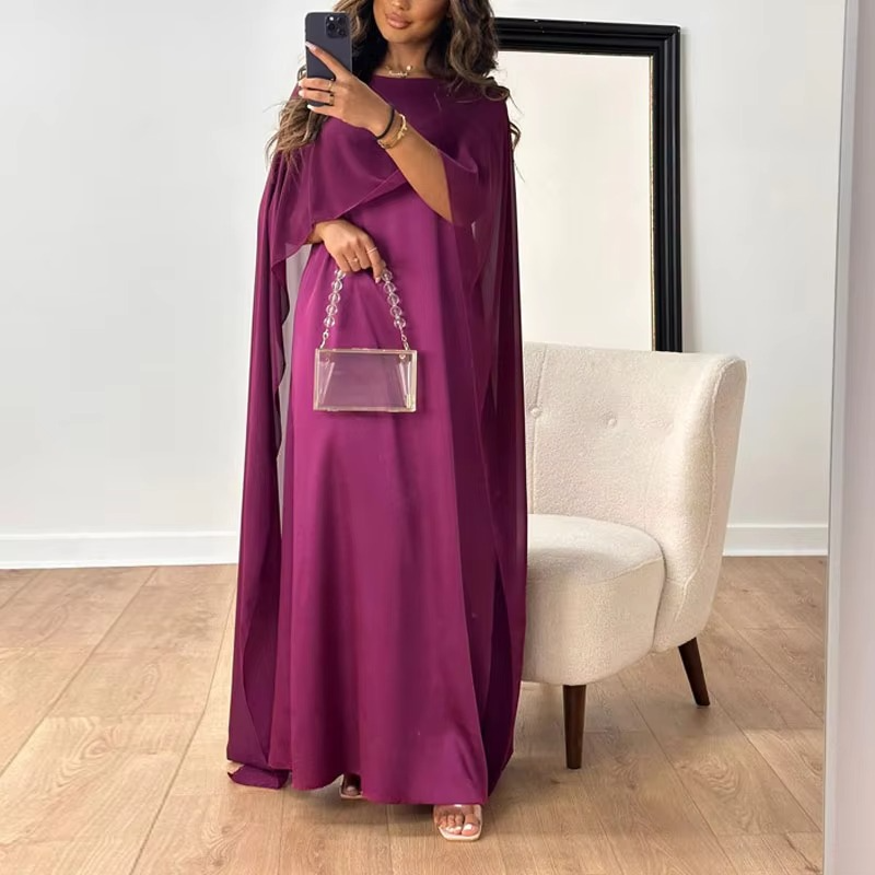 Elegant chiffon long evening gown with flowing shawl sleeves, breathable formal dress in graceful silhouette