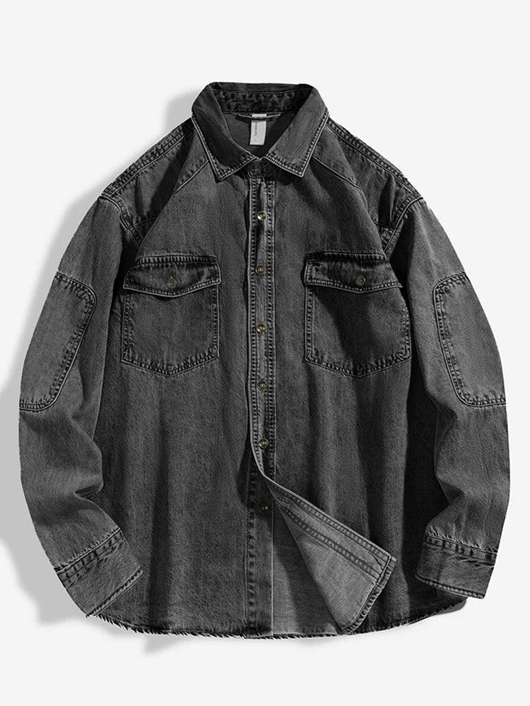 Men's rugged denim utility shirt in classic blue, turn-down collar, durable cotton workwear build