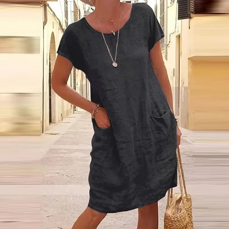 Women's relaxed fit solid color pocket dress, breathable summer style with loose short-sleeve silhouette