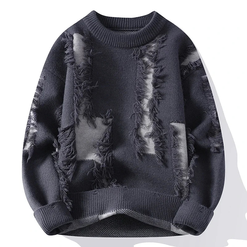 Distressed frayed knit sweater relaxed fit streetwear style layered color blocks bold textured look